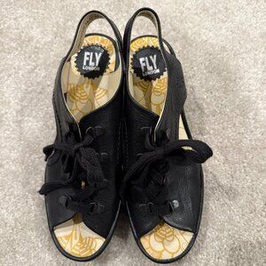 NWOT Fly London Yifa Wedge Sandals, Black, sz. 39/8.5